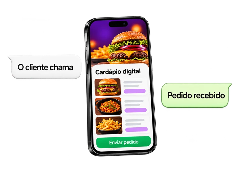 Celular com cardápio digital aberto; balões mostram o cliente chamando e a confirmação de pedido recebido.