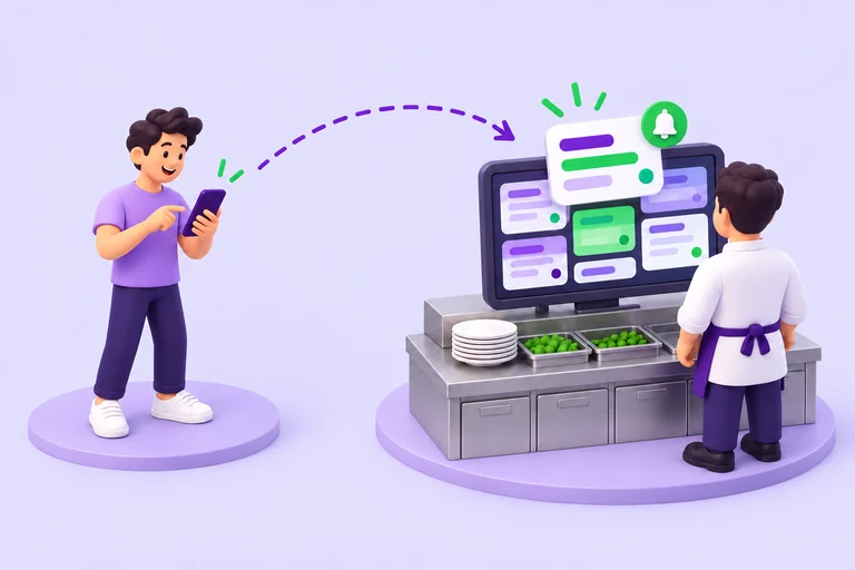 Ilustração em 3D de um pedido enviado pelo celular chegando ao painel da cozinha e sendo recebido pela equipe.