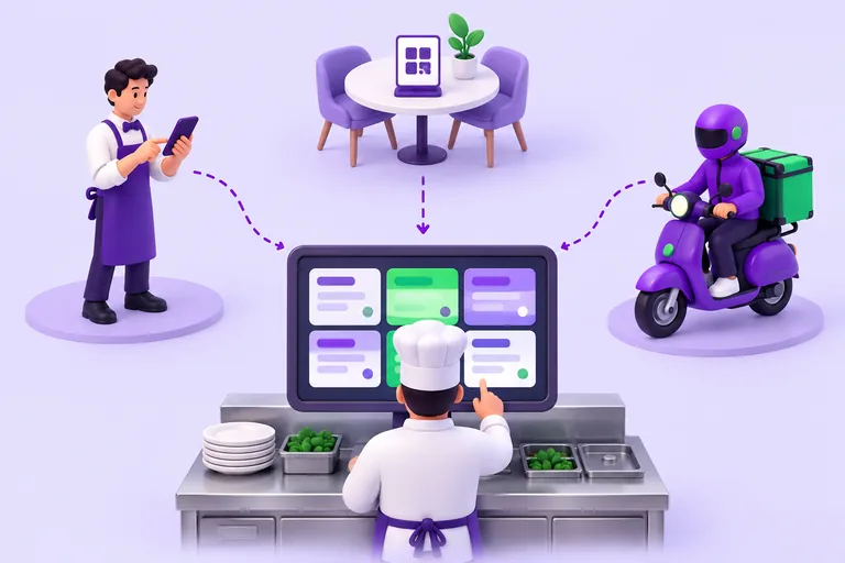 Ilustração com pedidos do garçom, do QR Code e do delivery chegando à mesma tela de cozinha.
