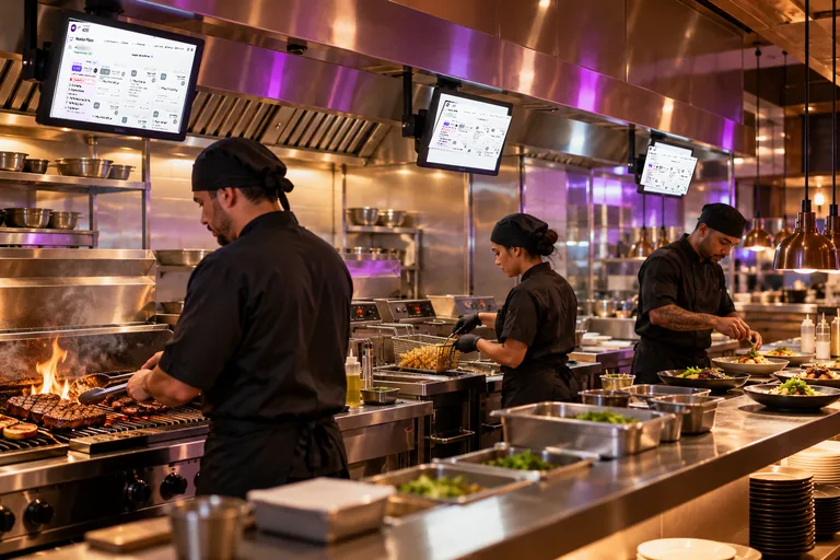 Cozinha com três monitores do KDS, com dados de demonstração.