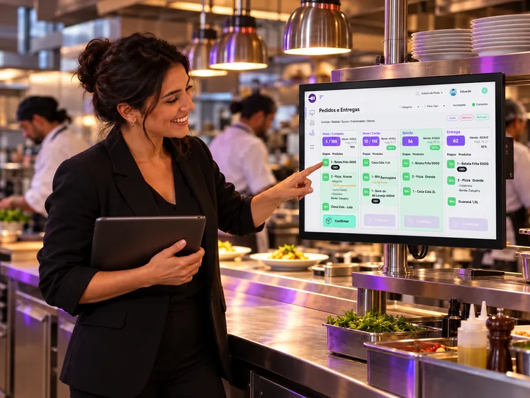 Gerente na cozinha aponta para a tela de pedidos enquanto segura um tablet; a equipe trabalha ao fundo.
