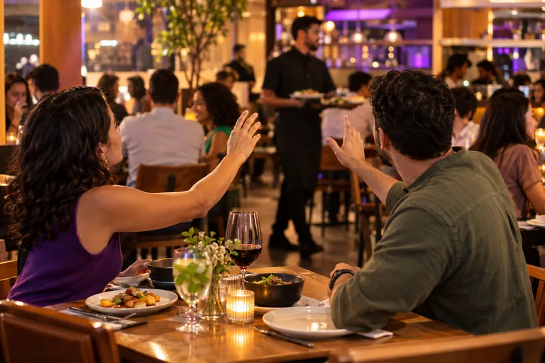 Clientes levantando a mão na mesa, esperando o garçom no horário de pico.