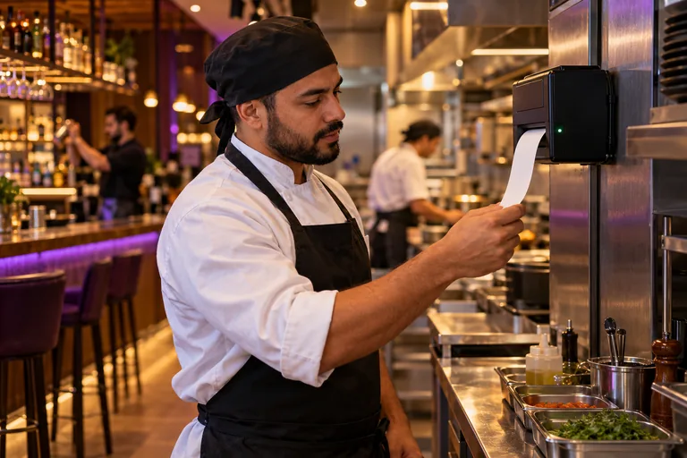 Cozinha com impressora de pedidos e equipe de preparo, com o bar ao fundo.