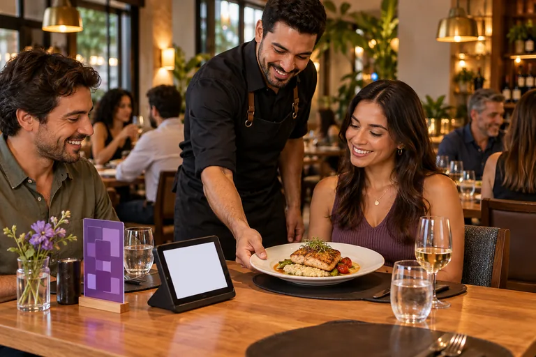 Garçom entrega o prato a um casal à mesa, com tablet e display roxo ao lado.