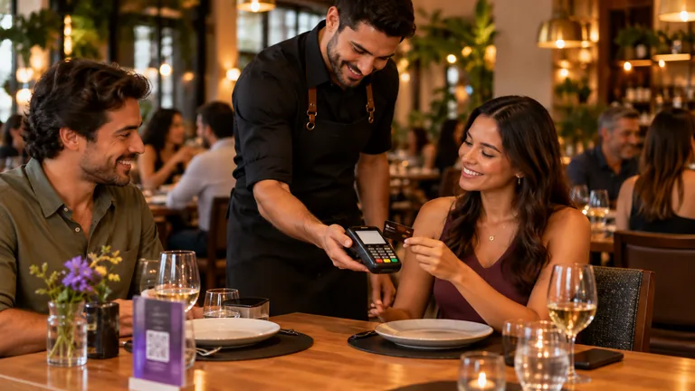 Garçom apresenta a maquininha ao cliente durante o pagamento à mesa em um restaurante.