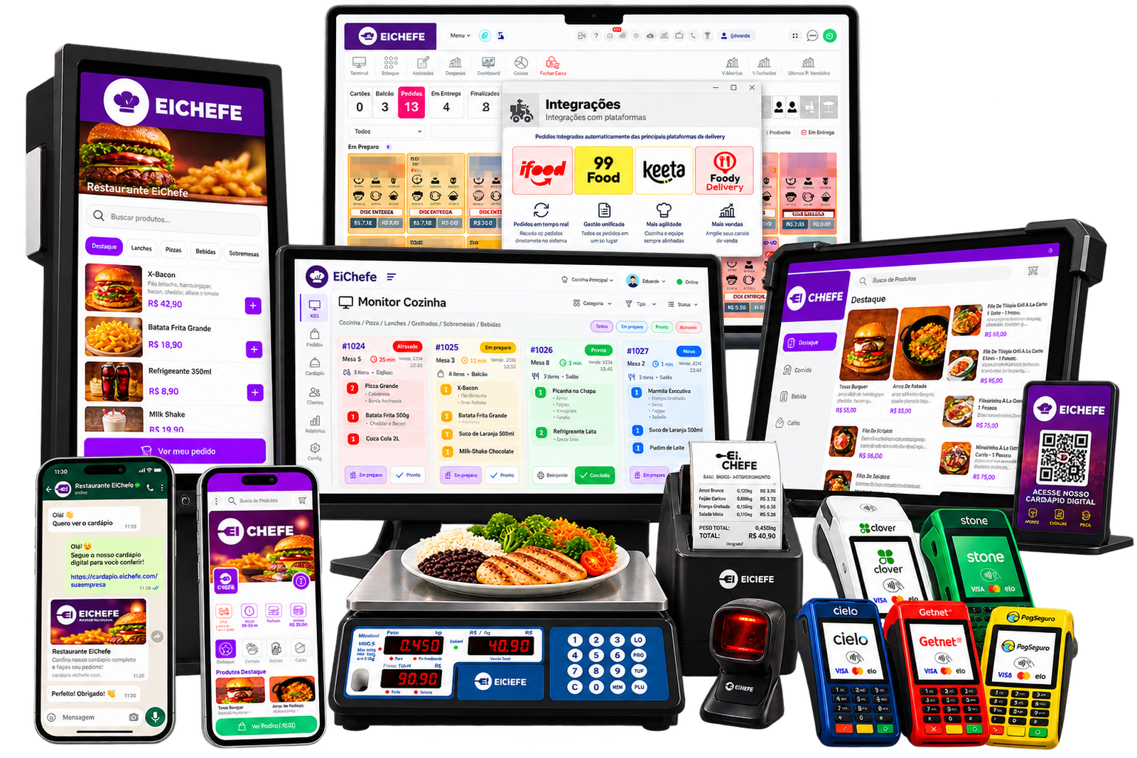 Ecossistema EiChefe: totem, monitor de gestão, KDS, tablet, celular com WhatsApp, balança e maquininhas